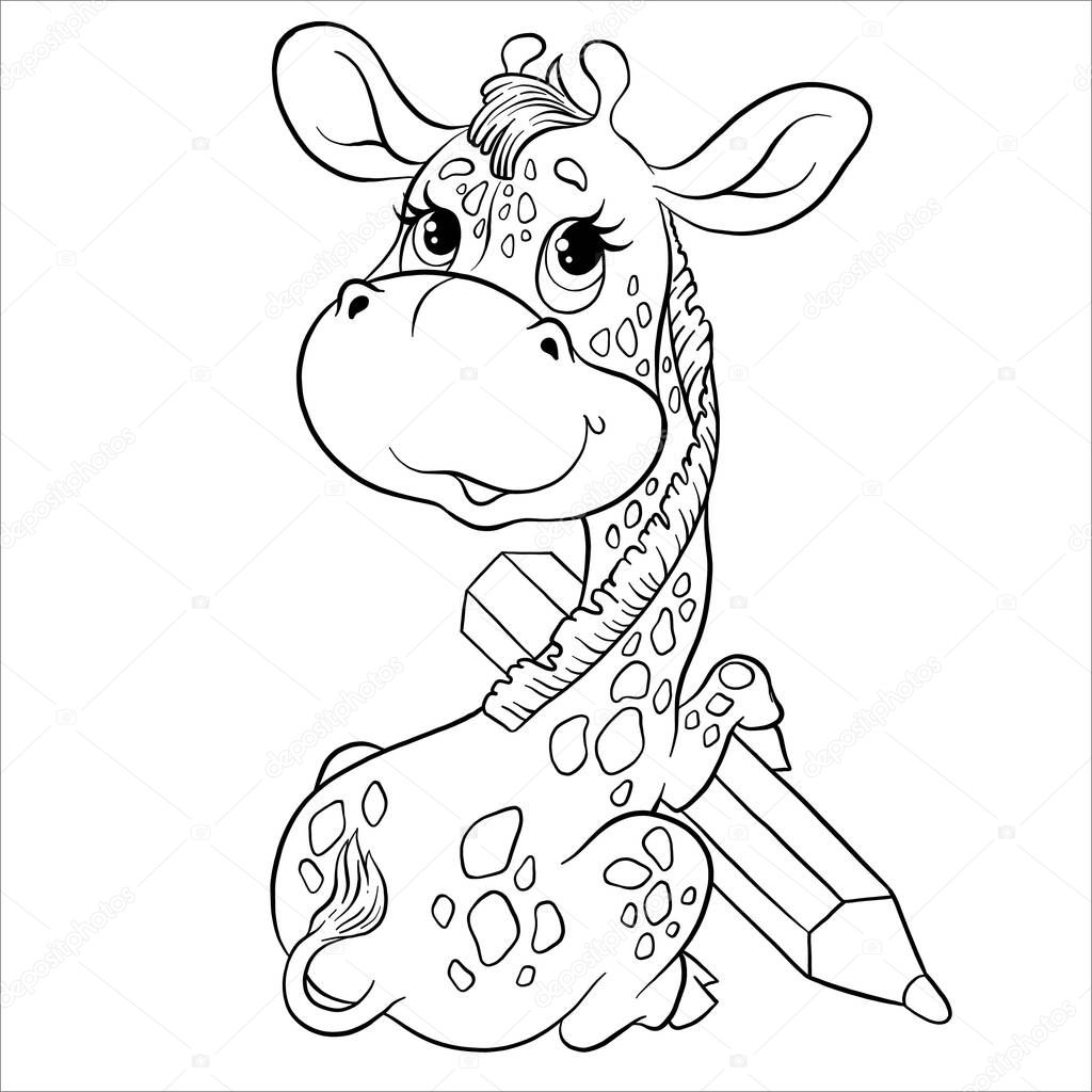 Cute cartoon character giraffe. Coloring book giraffe with a pencil. Children's page for creativity. Vector isolated on white background.