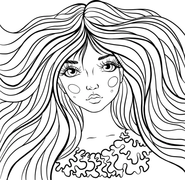 Menina Personagem Desenhos Animados Com Cabelo Longo Página Para Colorir — Vetor de Stock