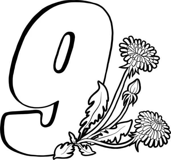 Number nine with dandelions. Page for children's creativity. Coloring book page. Flowers and numbers. Decorative vector numbers. Vector isolated on white background.