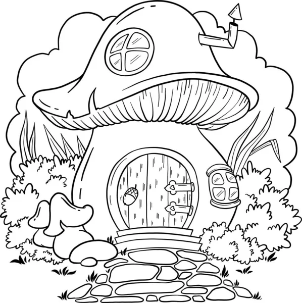 Гриб Сказочного Дома Дом Сказочные Создания Векторный Гриб Окнами Раскраски — стоковый вектор