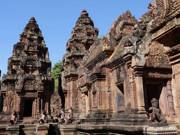 Siem Reap, Kamboçya-Aralık 23, 2017: Banteay Srei Hindu tanrısı Shiva adanmış bir 10 yüzyıla Kamboçyalı tapınak olduğunu. Goblen gibi duvarlar kapsayan pembemsi kumtaşı içinde oyulmuş karmaşık dekorasyonunda ünlüdür. 
