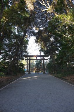 Tokyo, Japonya-Ocak 12, 2018: Meiji Jingu Shrine bulunan Shibuya, Tokyo, Batı yaklaşım. Bu tapınak İmparator Meiji ve karısı İmparatoriçe Shoken tanrılaştırılmış ruhları için adanmış.