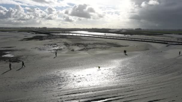 Normandie França Janeiro 2018 Pessoas Caminham Praia Areia Perto Ponte — Vídeo de Stock