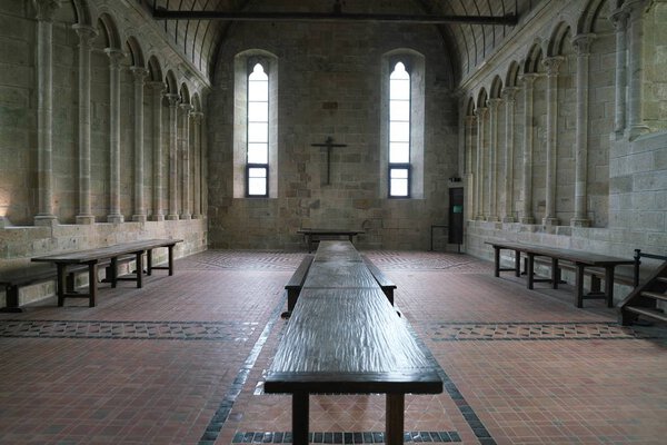 Normandy, France-January 26, 2018: Refectory of the church-abbey of Mont-Saint-Michel