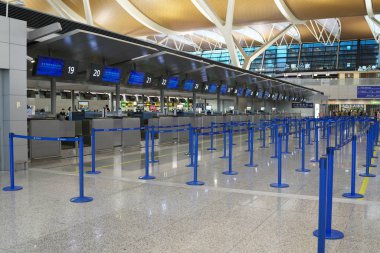 Şangay, Çin-19 Eylül 2019: Şangay Pudong Uluslararası Havaalanı 'nda kimse yok.
