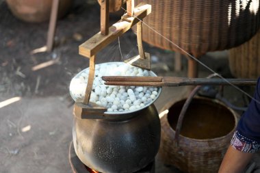 Nakhon Ratchasima, Tayland-7 Aralık 2019: İpek Böceği Kozalarından Dönen İpek İpliği