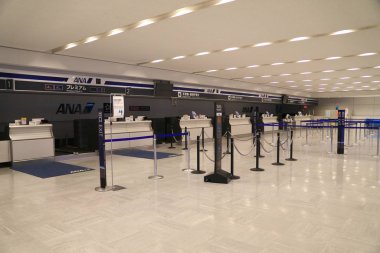 Narita,Japan-January 28, 2020: No staff at Narita international airport terminal 1 check-in counters