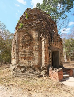 Kampong Thom, Cambodia-January 25, 2020: Flying palace relief on the wall of Sambor Prei Kuk or Prasat Sambor N7 in Kampong Thom, Cambodia