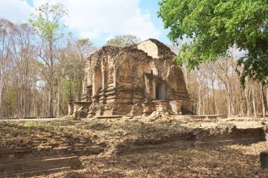 Kampong Thom, Cambodia-January 25, 2020: Flying palace relief on the wall of Sambor Prei Kuk or Prasat Sambor N1 in Kampong Thom, Cambodia
