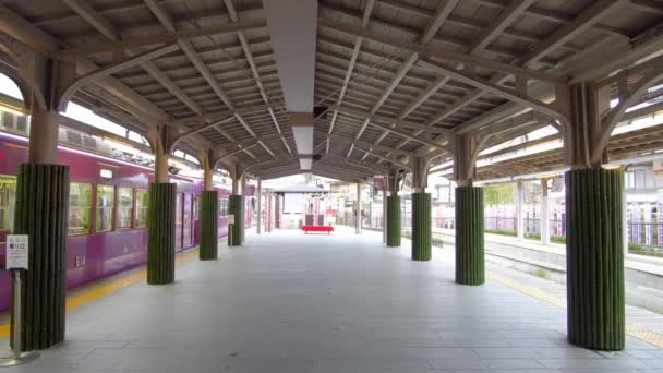 Kyoto Jepang Februari 2020 Stasiun Randen Arashiyama Pagi Hari Kyoto — Stok Video