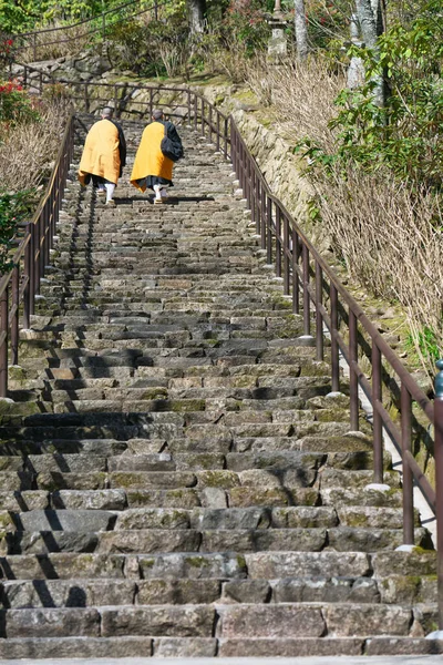 Nara Japão Fevereiro 2020 Monges Budistas Subindo Degraus Pedra Templo — Fotografia de Stock