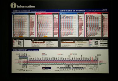 Kyoto, Japonya-27 Şubat 2020: Keihan Elektrik Demiryolu Gion-Shijo istasyonunda zaman çizelgesi 