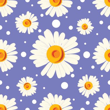 Beyaz chamomiles ve mavi renkli noktalar ile Seamless Modeli. 