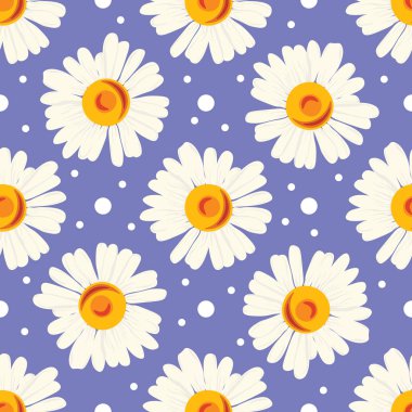 Beyaz chamomiles ve mavi renkli noktalar ile Seamless Modeli. 