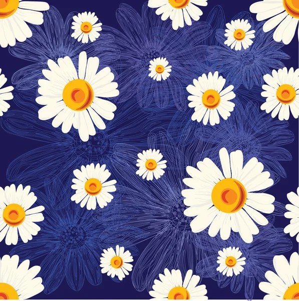 Vzor bezešvé s chamomiles na modrém pozadí lemované květinami — Stockový vektor