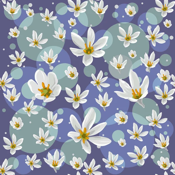 青色の背景に白いゼフィランサス花模様のシームレス パターン — ストックベクタ
