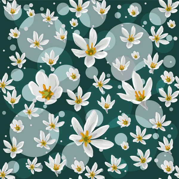 青緑色の背景に白のゼフィランサス花のシームレス パターン — ストックベクタ