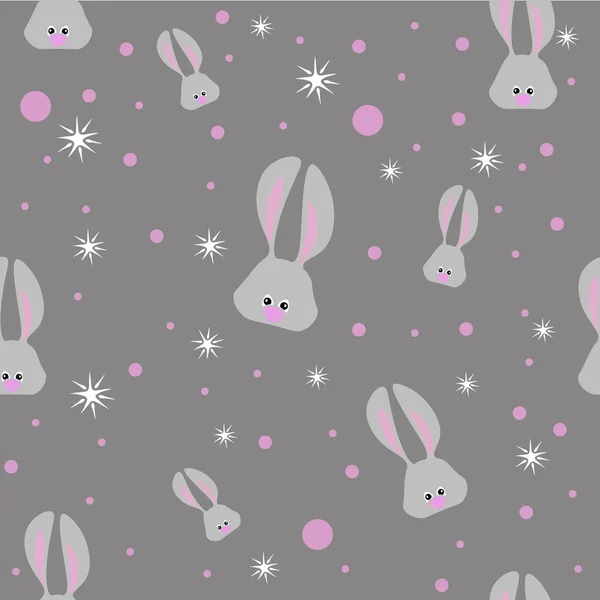 Seamless easter pattern with gray rabbits and stars on dark gray background — Stock Vector