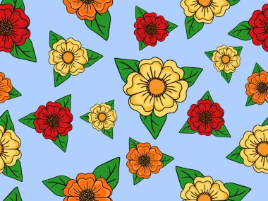 Mavi arka plan üzerinde renkli kesintisiz çiçek desenli