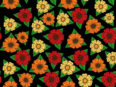 Sorunsuz çiçek retro desenli siyah arka plan üzerine