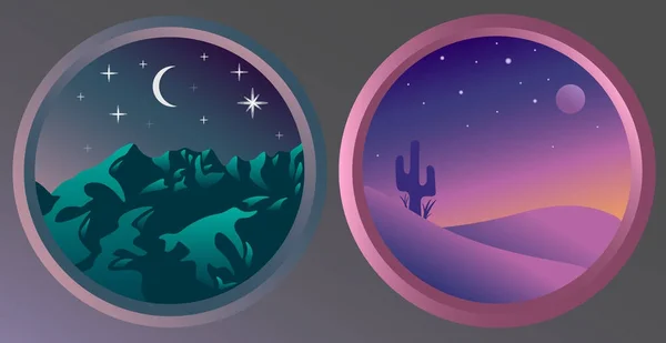 Deux paysages nocturnes plats avec des étoiles et la lune — Image vectorielle