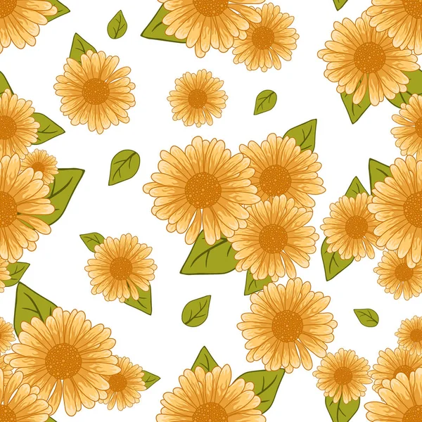 シームレスなカモミール パターンで白い背景にオレンジ色の花と葉します。 — ストックベクタ
