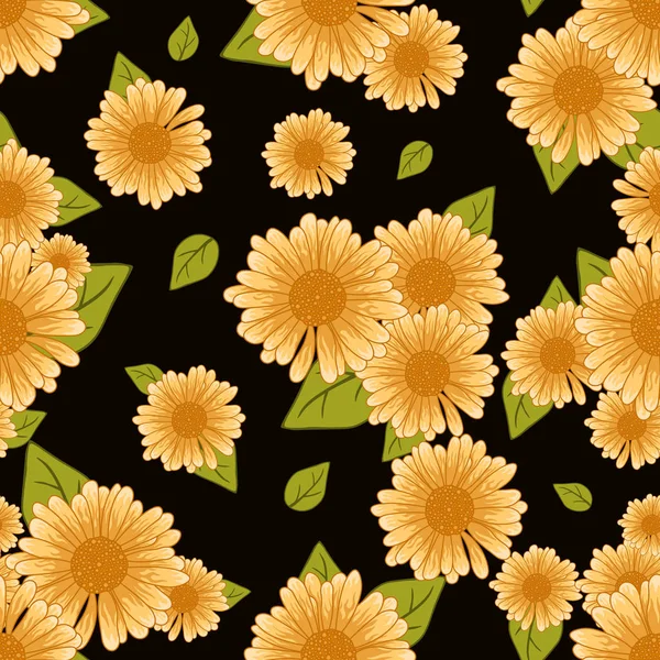 Nahtloses Kamillenmuster mit orangen Blüten auf schwarzem Hintergrund mit Blättern — Stockvektor