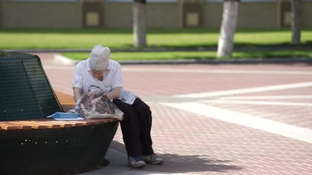 Eine ältere Frau sitzt auf einer Parkbank — Stockvideo