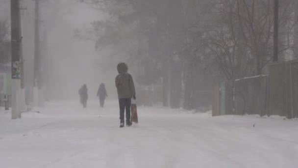 通り吹雪 大雪の中 通りを歩いて人々 の大雪 — ストック動画