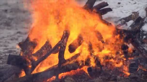 火災は 燃焼木材です 大火災燃焼木材です たくさん強い赤い炎を上げて燃える山に積み上げられた木材の — ストック動画