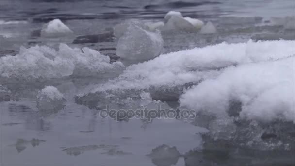 冰浮冰在水上 冬季池塘的景观 冰漂浮在寒冷的季节水 — 图库视频影像