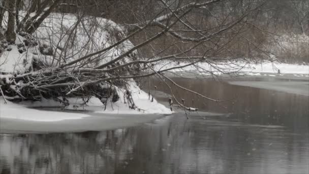 Eisschollen Auf Dem Wasser Winterlandschaft Teich Eis Schwimmt Der Kalten — Stockvideo