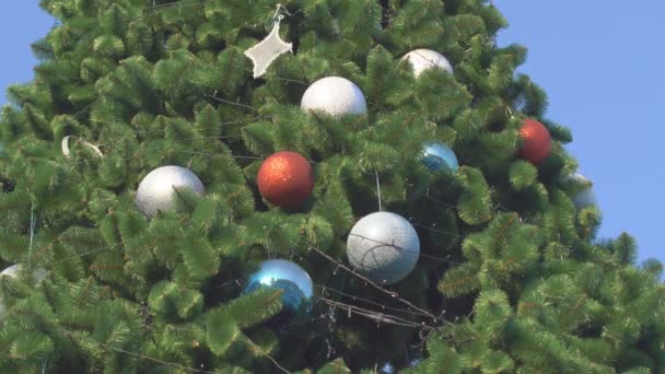 圣诞树配饰圣诞树用球装饰在闪闪发光的灯与雪 — 图库视频影像