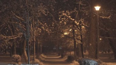 Gece şehrinin sokakları yoğun karla bombardımana tutuldu. Gece kışı manzarası.