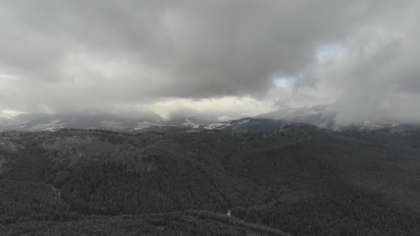 Luftaufnahmen Hochland Eines Wintersportortes Winterlandschaft Mit Schneebedeckten Gipfeln Und Dichtem — Stockvideo