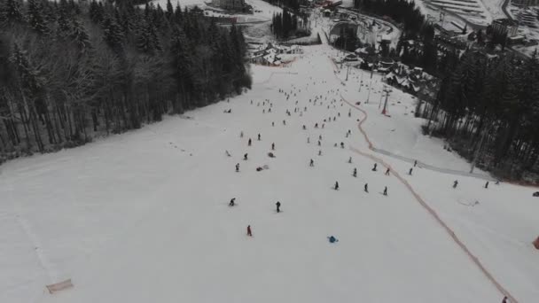 在冬季度假胜地的高山上的空中摄影 山坡上的滑雪斜坡 覆盖着茂密松树林的雪峰冬季景观 — 图库视频影像