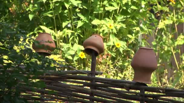 Old Jugs Hanging Fence Ethnographic Museum Household Items Ancient Peoples — Stock Video