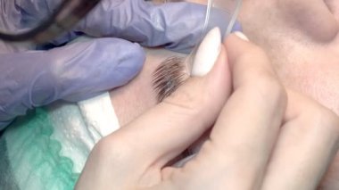 Kaş güzellik salonunda, üstat kaşlarla ilgilenir. Kadın kaşlarının tasarımı ve boyaması ve kaplaması. Renk eşleşmesi. Kozmetik bir araçla düzeltme.