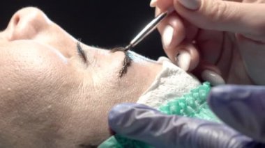 Kaş güzellik salonunda, üstat kaşlarla ilgilenir. Kadın kaşlarının tasarımı ve boyaması ve kaplaması. Renk eşleşmesi. Kozmetik bir araçla düzeltme.