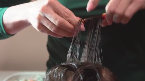 Capelli Ricci Sul Ricciolo Parrucchiere Acconciatura Bambino Pettinando Torcendo Capelli — Video Stock