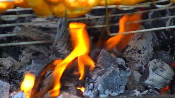 Krásný Červený Oheň Tmavě Šedé Černé Uhlí Uvnitř Kovové Pánve — Stock video