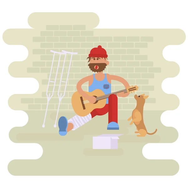 Strolling musician. Homeless man — Stock Vector