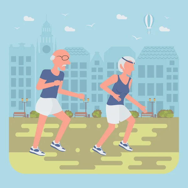 Senioren joggen door de straat — Stockvector