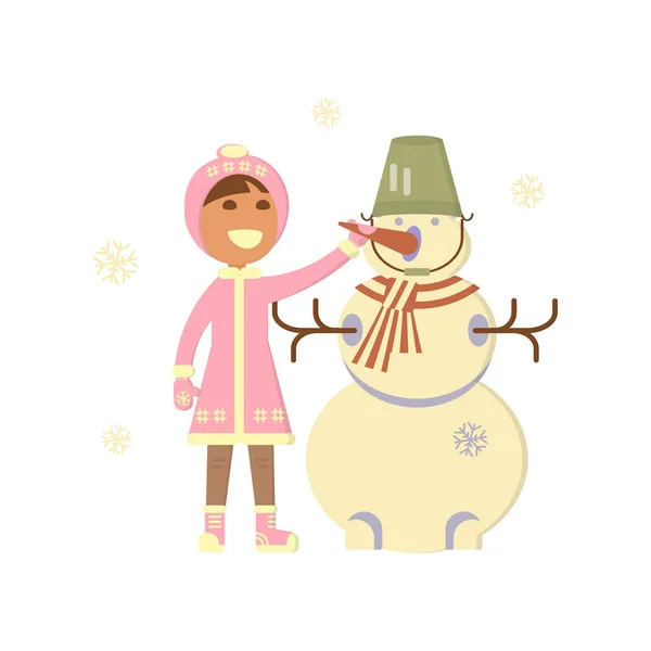 Bambina con pupazzo di neve — Vettoriale Stock