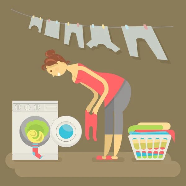 Ibu rumah tangga mencuci pakaian - Stok Vektor