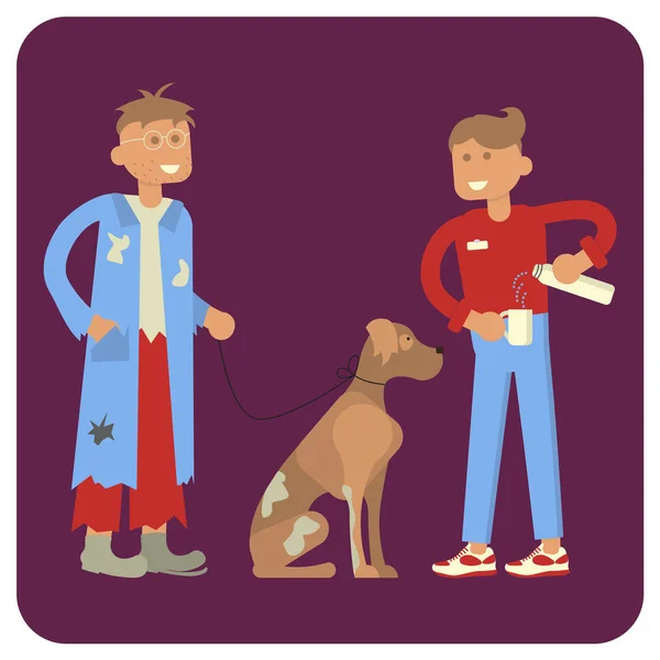 Bénévole nourrit un sans-abri et un chien — Image vectorielle