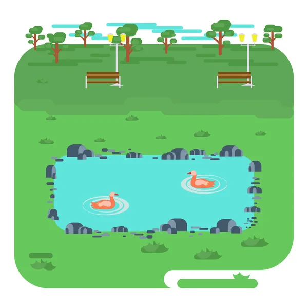 Paisaje con lago en parque — Vector de stock