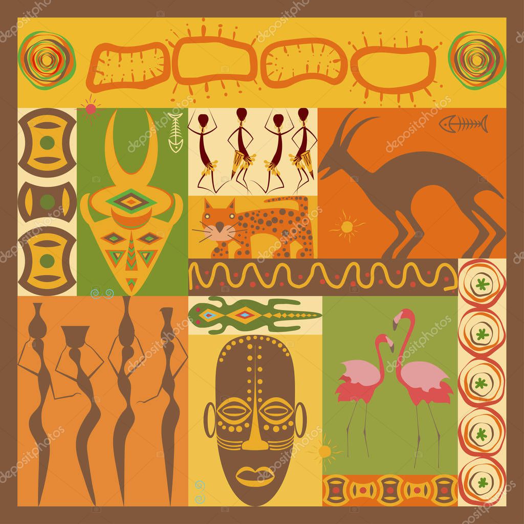 Conceptual ethnic illustration with different african animals, ornament, mask and people made in flat design style Travel to africa banner template Explore the world. Vector eps10