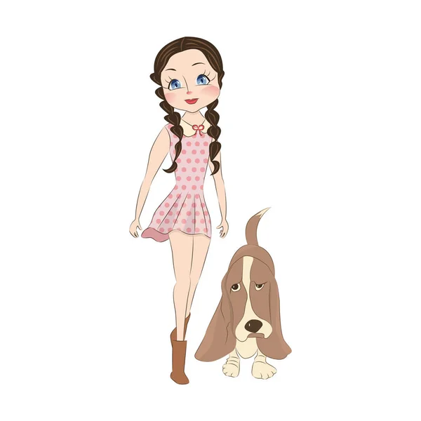 Linda niña con perro — Vector de stock