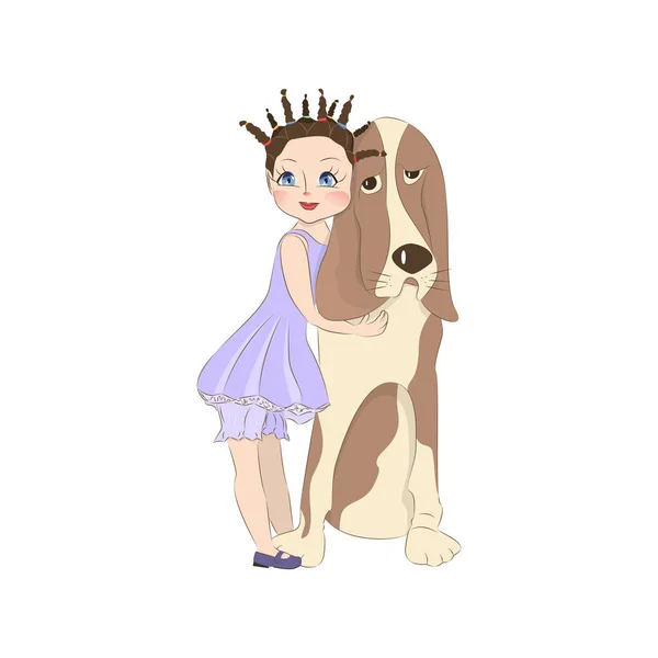 Fetiță drăguță cu câine — Vector de stoc
